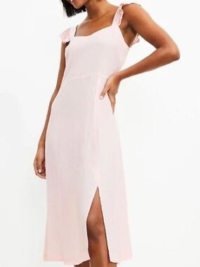LOFT Pink Polka Dot Ruffle Strap Midi Dress